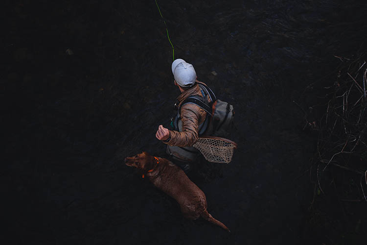 Man with dog in creek fly fishing.