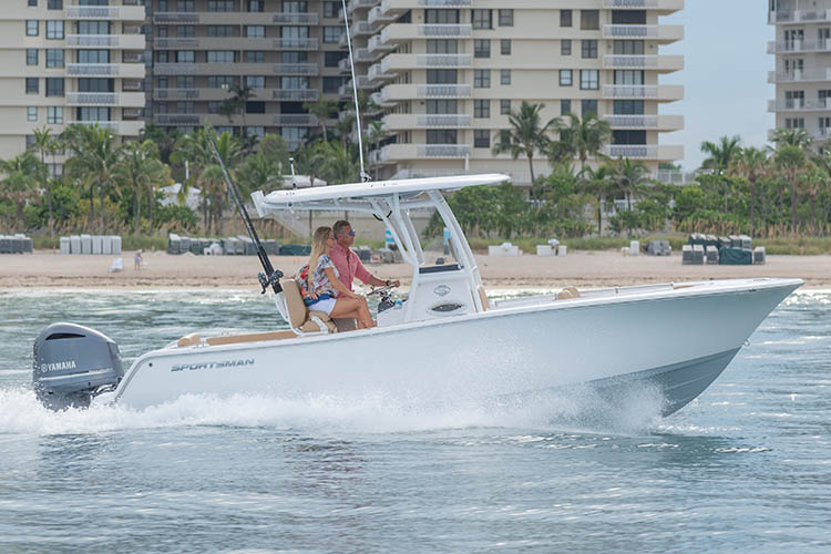 The Open 242 Center Console running through water.