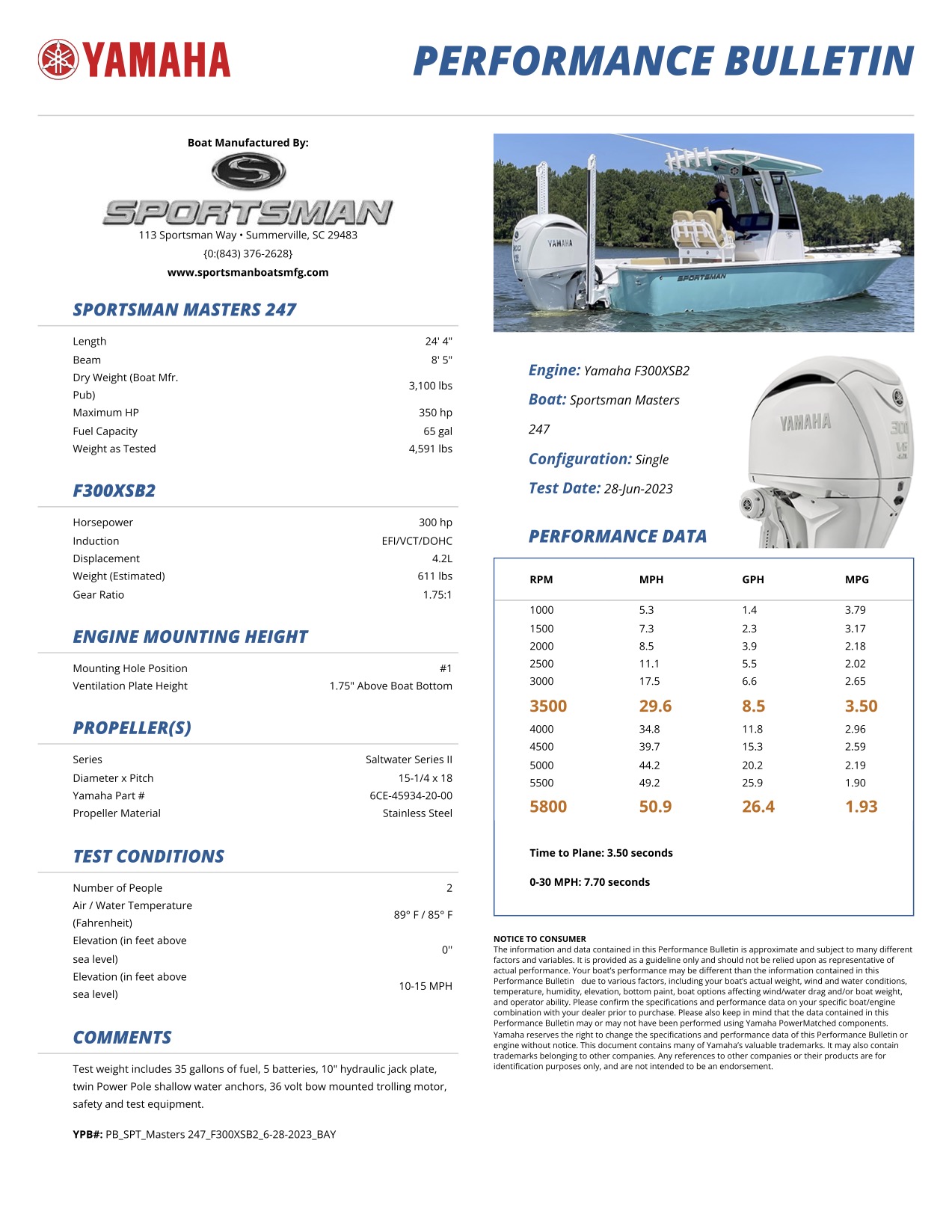 Performance bulletin for 247-bay-boat