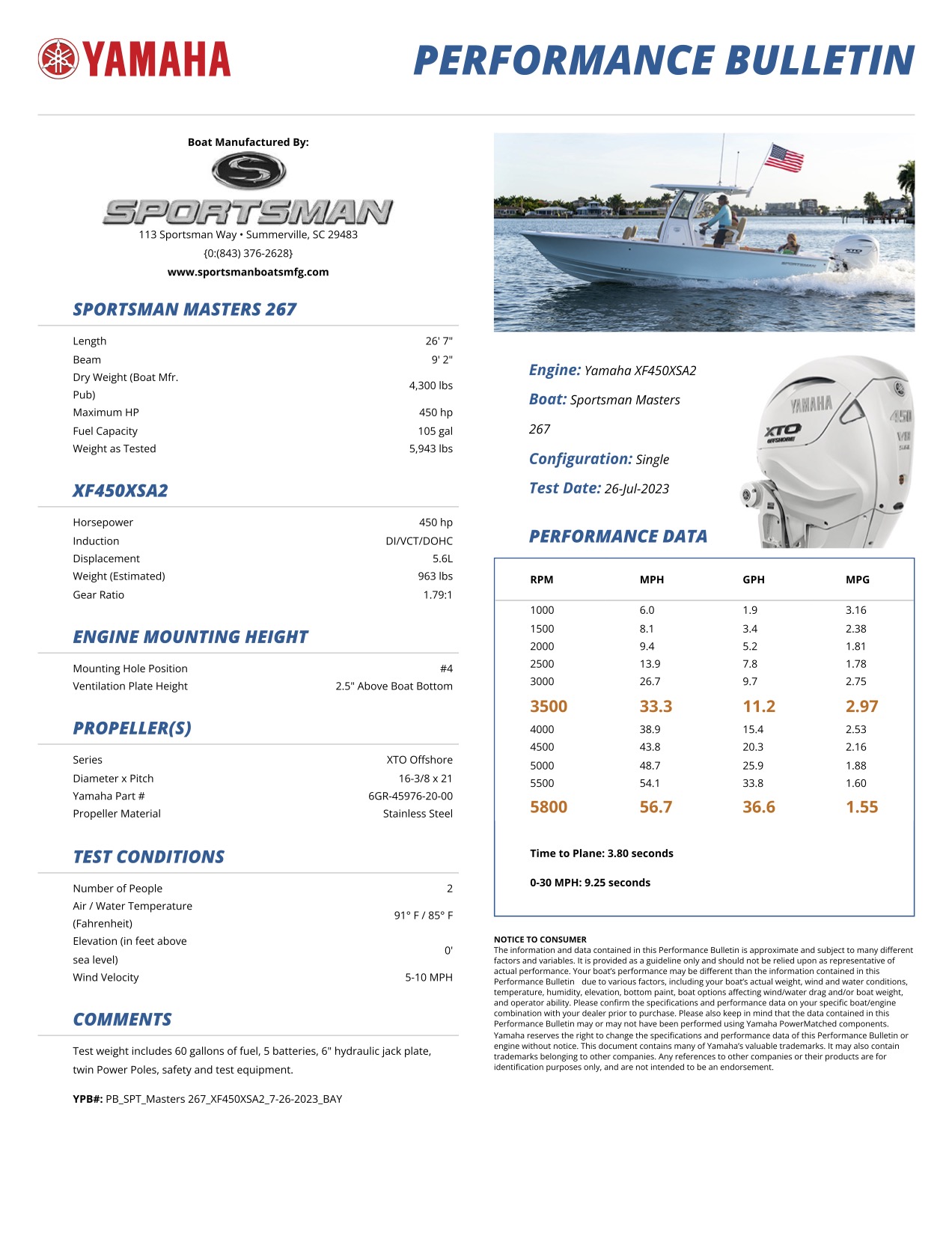 Performance bulletin for 267oe-bay-boat