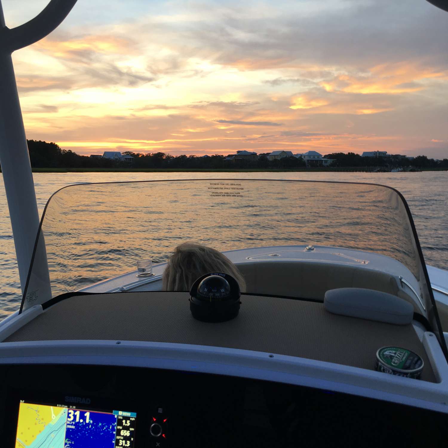Watching the sunset in our new Sportsman boat. Watched the fireworks from the boat. Wando River, Charleston SC