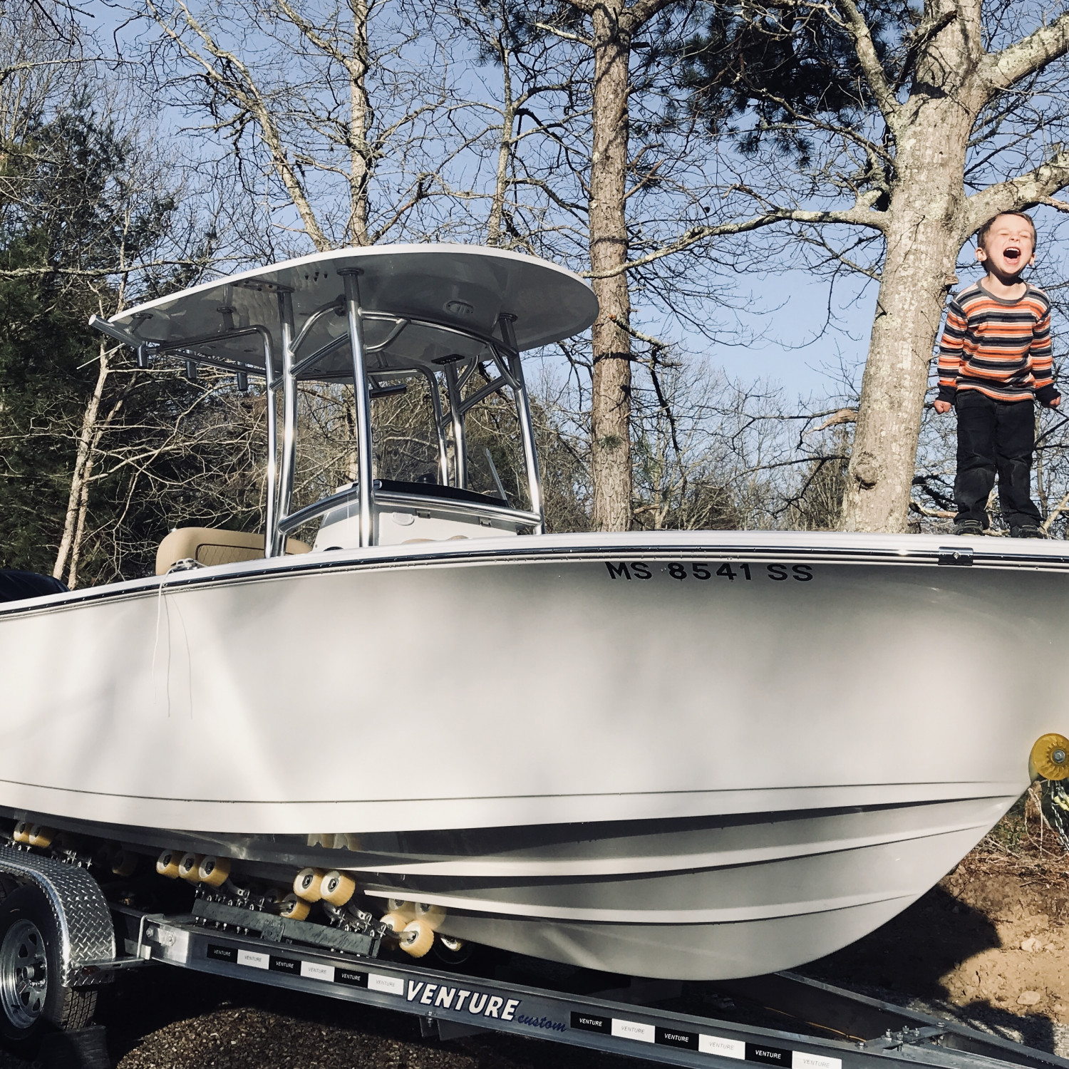 My son’s reaction when I pulled into the driveway yesterday for the first time with our Open 232!