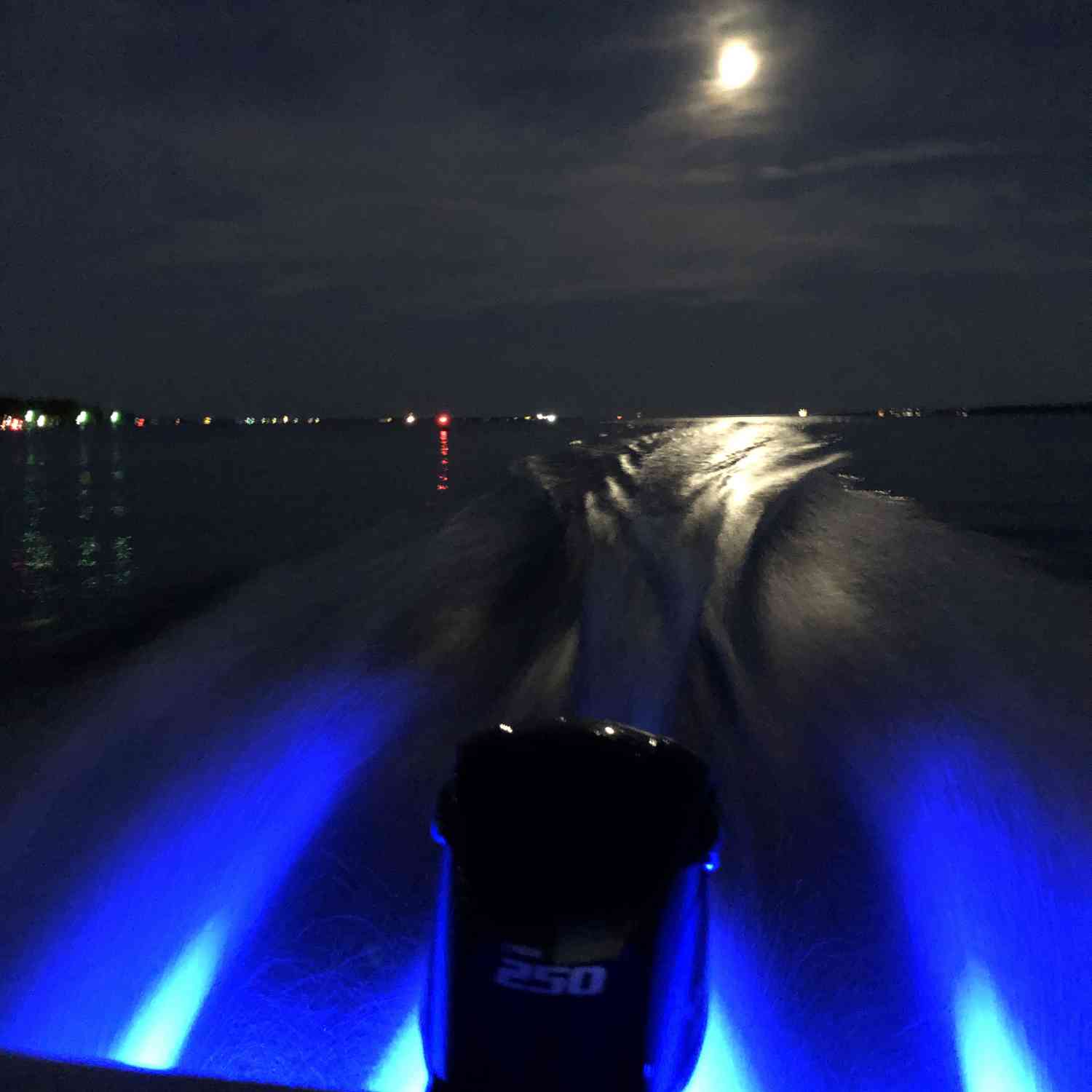 Underwater lights and the moon light emulating Charleston harbor.