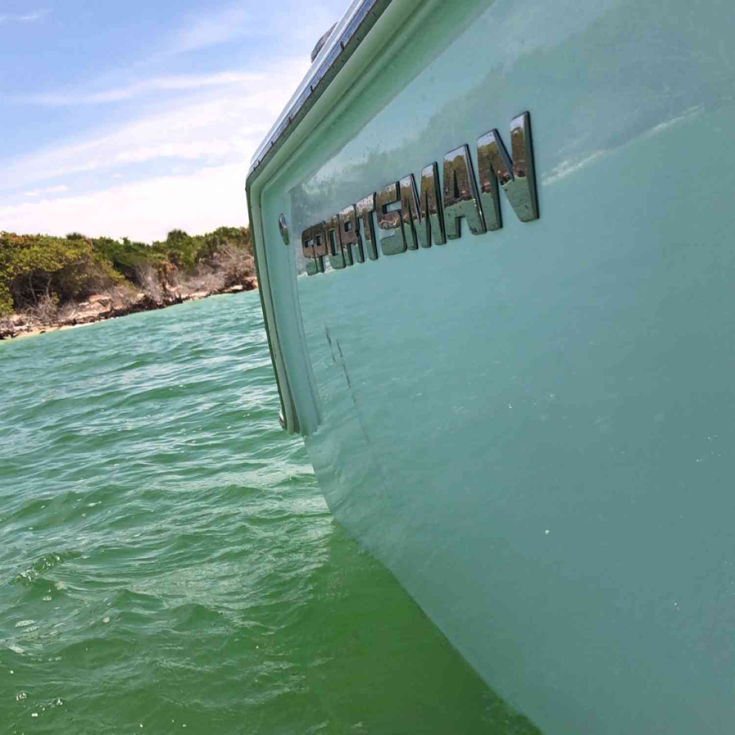 A view of the sportsman branding on the side of the boat.