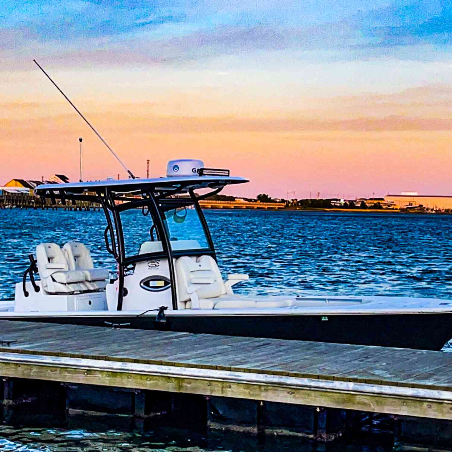 Boat docked at Saltwater Grill for an evening sunset meal with the family.