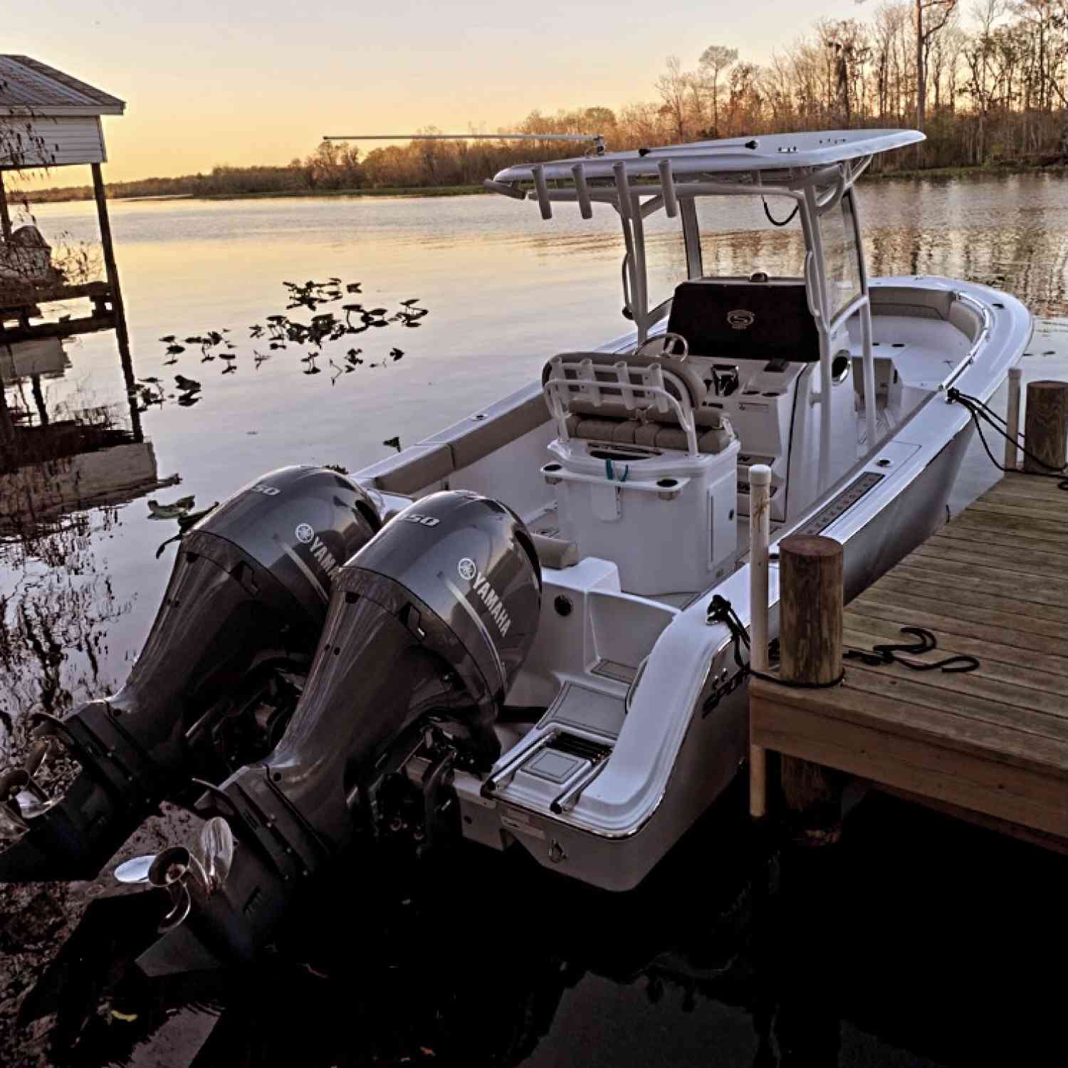 at our dock in the water just sitting pretty enjoying the beautiful sunset!