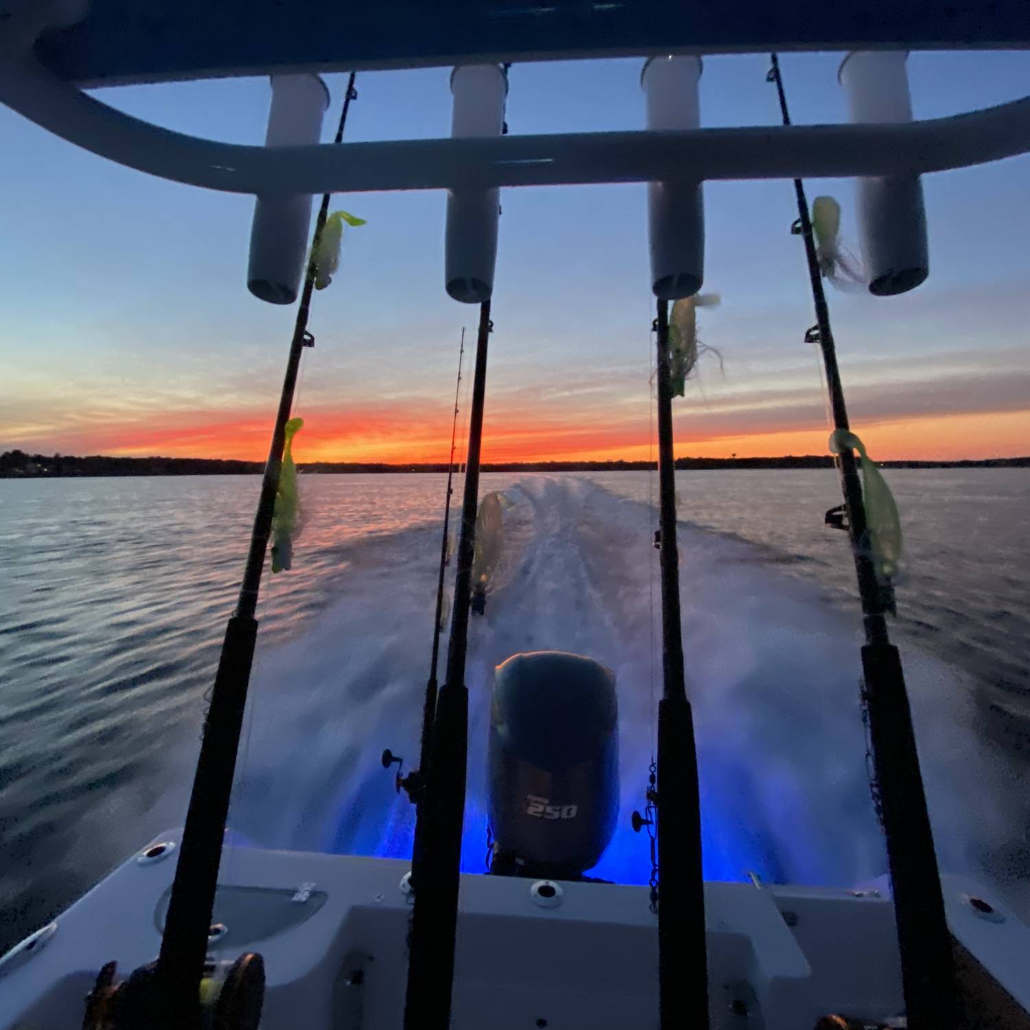 Returning after a successful afternoon of striped bass fishing. Caught some fish and some rays.