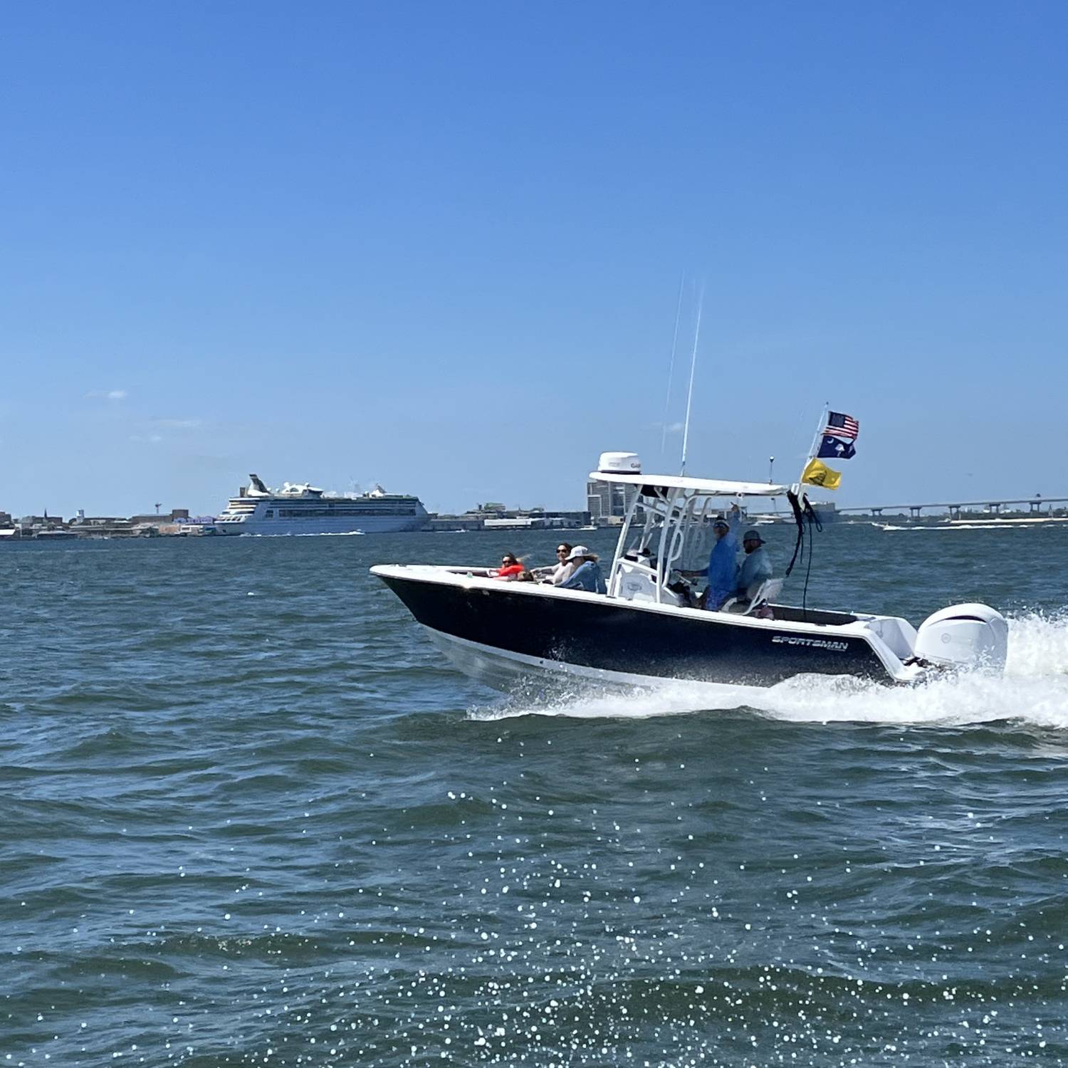 Cruising Charleston Harbor after lunch at Shem Creek with family and friends.