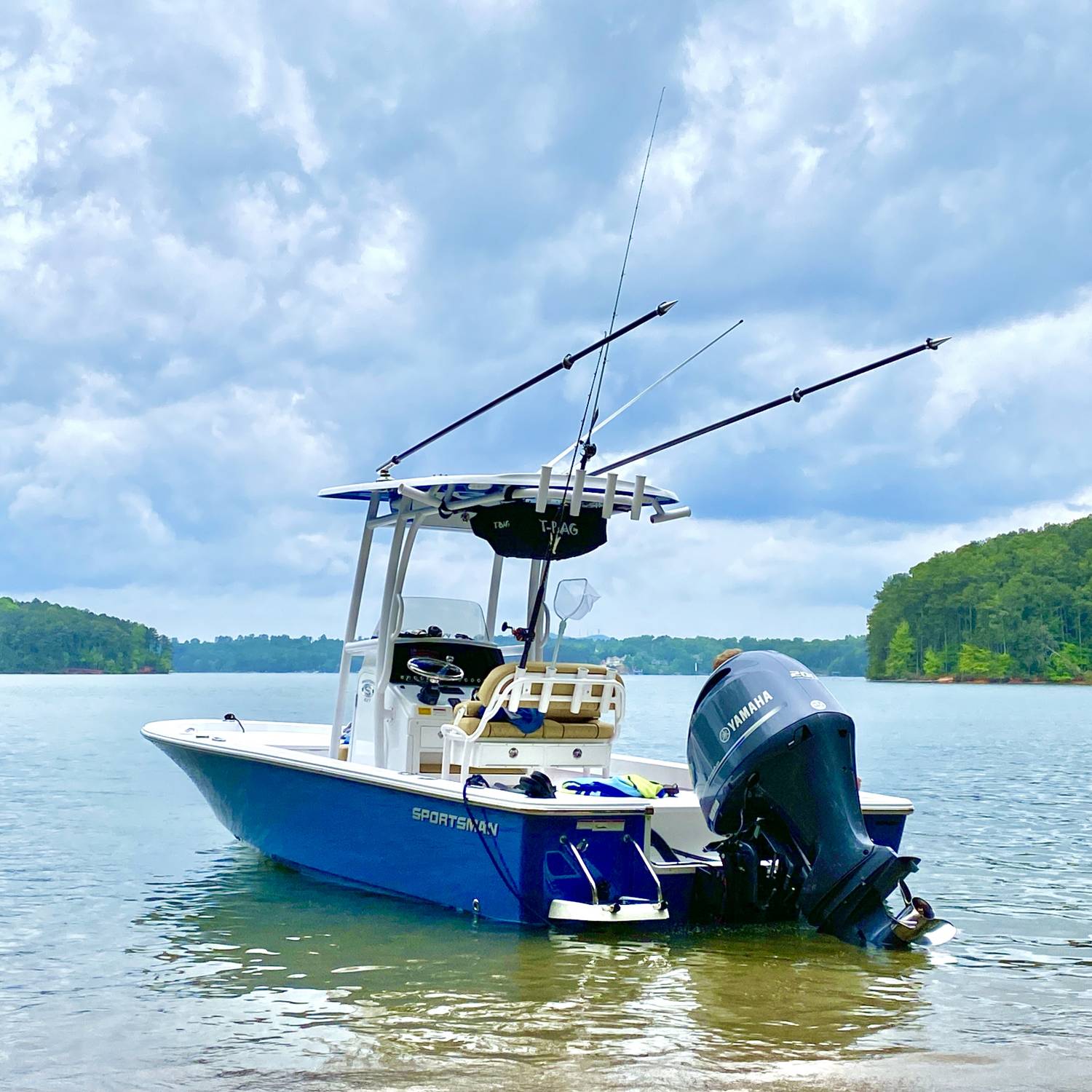 Anchored the boat next to an island on Lake Lanier to let my AKC Labrador retriever, Bailey, sw...