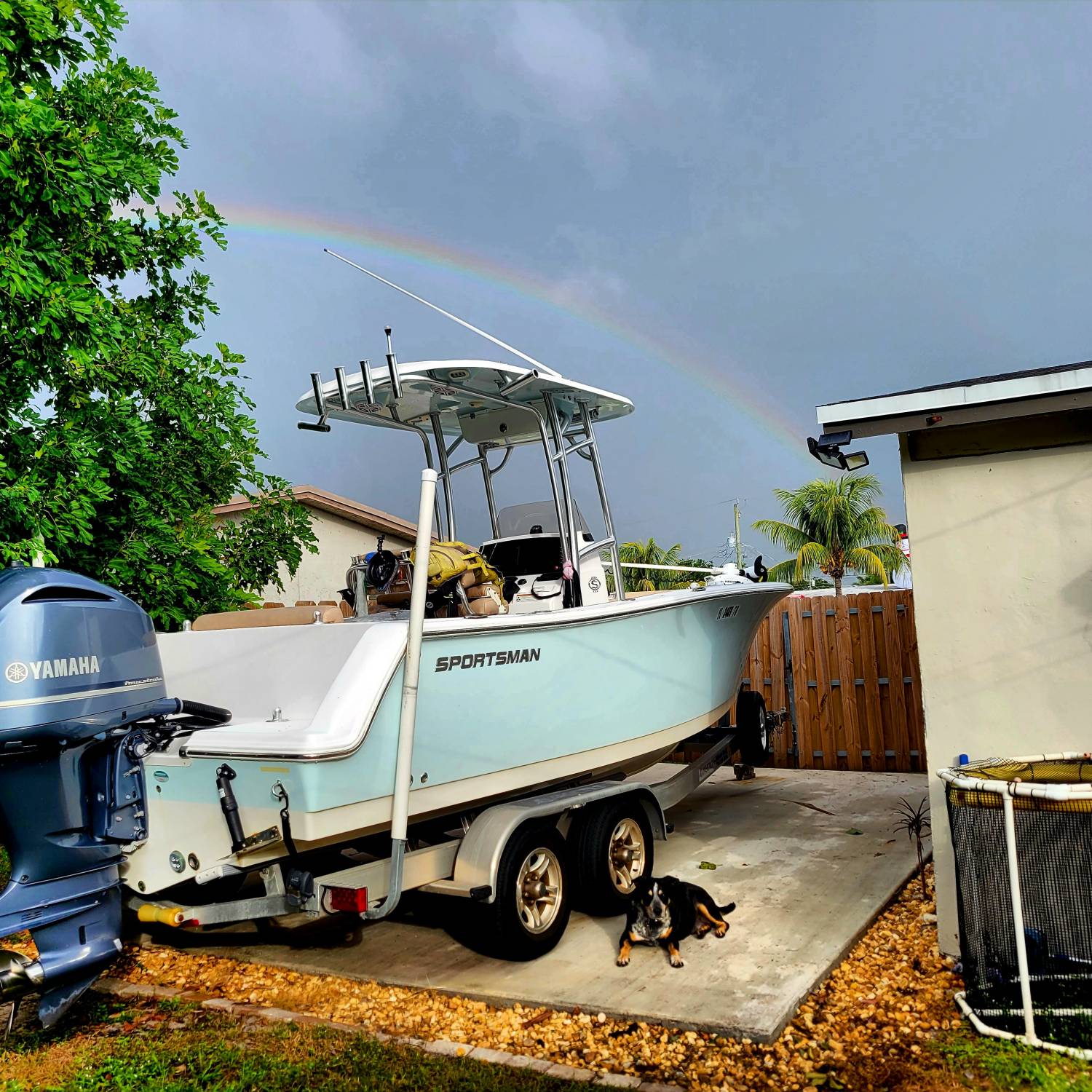 I walked outside the other day to a perfect rainbow right over the Sportsman 232 Open and my dog, Ace!