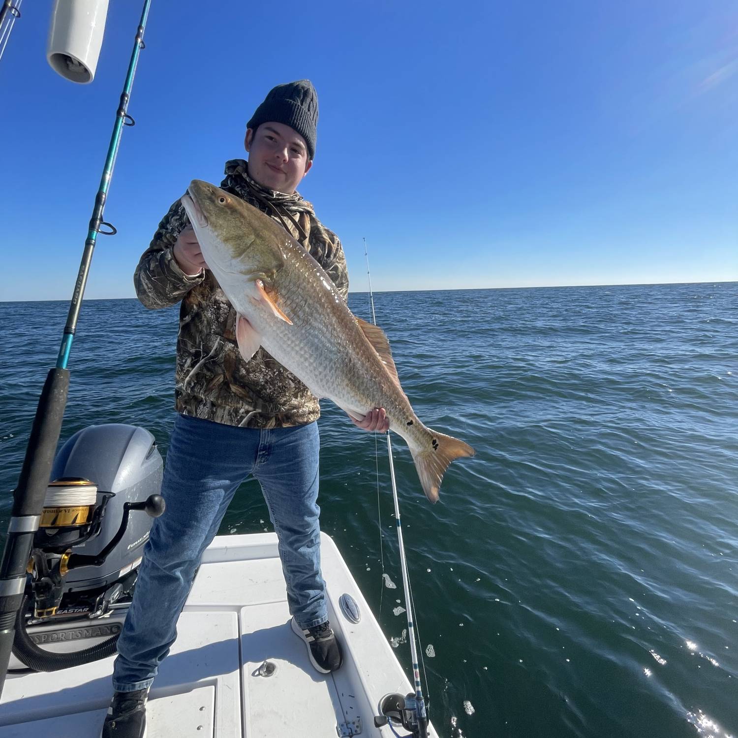 Title: 48 inch redfish caught 20 miles off of amelia island on small rod - On board their Sportsman Masters 227 Bay Boat - Location: 20 miles off of amelia island, florida. Participating in the Photo Contest #SportsmanJanuary2024