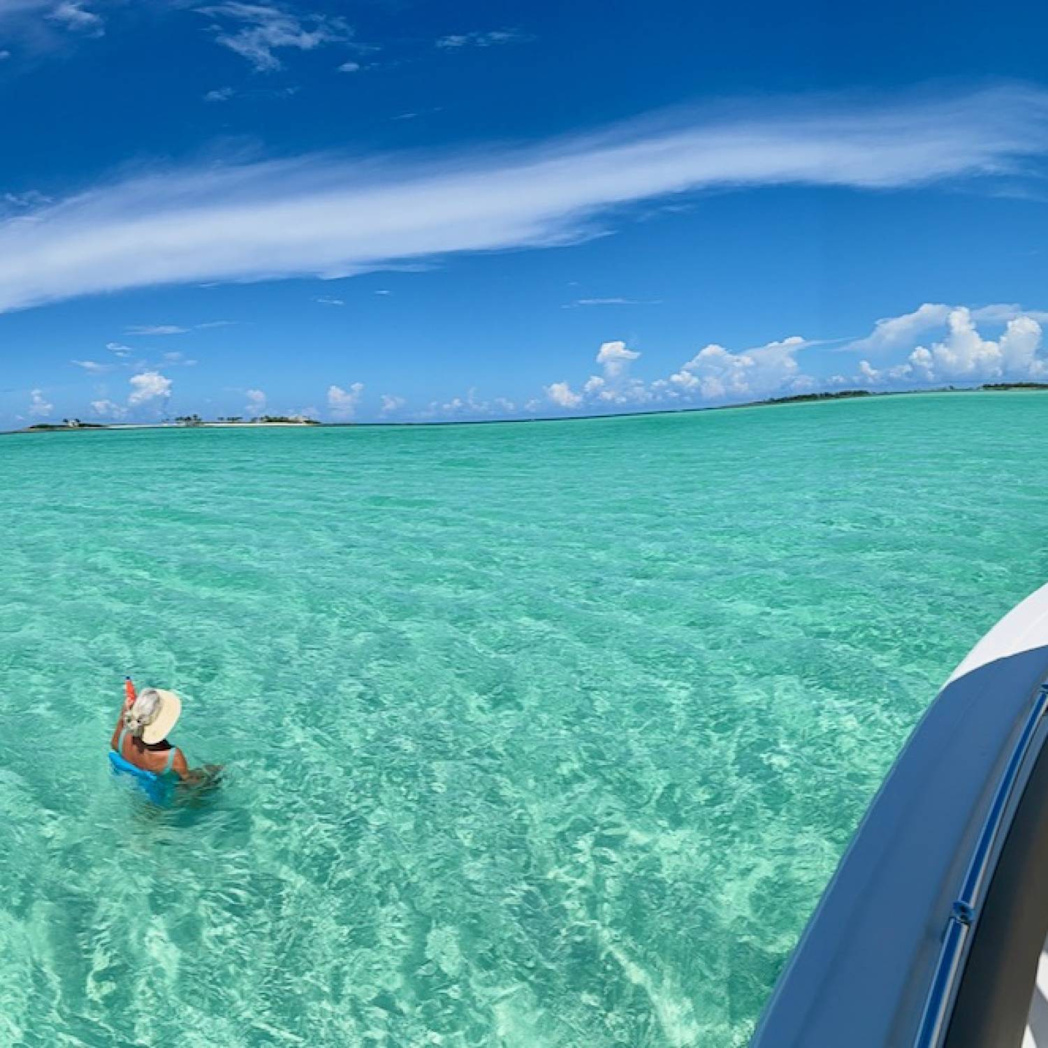 We're anchored in 3 feet of water off a large sand bar called Gilliam Bay.  The water color is...