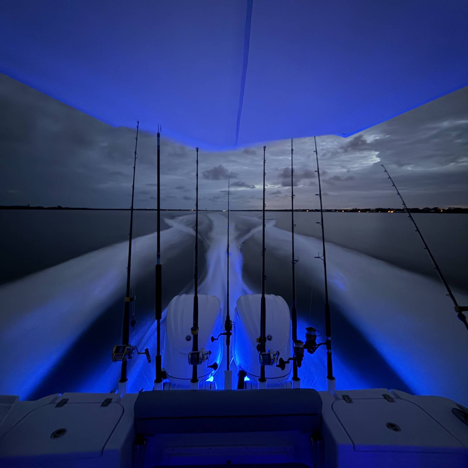 Underwater lights with fishing gear...on way out offshore